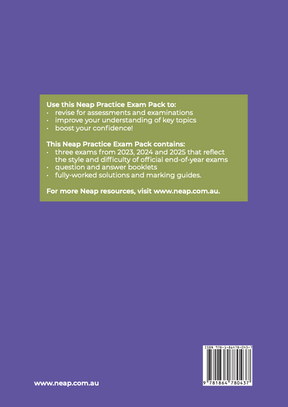 Back cover of a Practice Exam Pack from Neap, featuring purple and green blocks with descriptive text and an ISBN barcode.