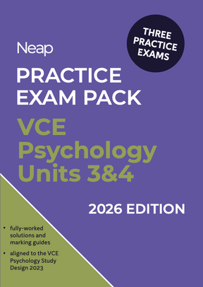 Purple and green Practice Exam Pack by Neap, for VCE Psychology Units 3&4, 2026 Edition, with three practice exams.