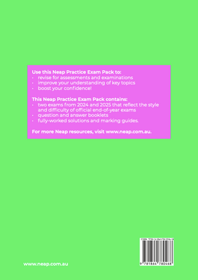 Green and pink Practice Exam Pack by Neap, back cover displaying text and a barcode.
