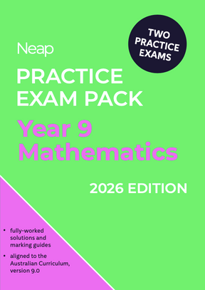 Practice Exam Pack for Year 9 Mathematics by Neap, 2026 Edition, with two exams on a green and pink cover.