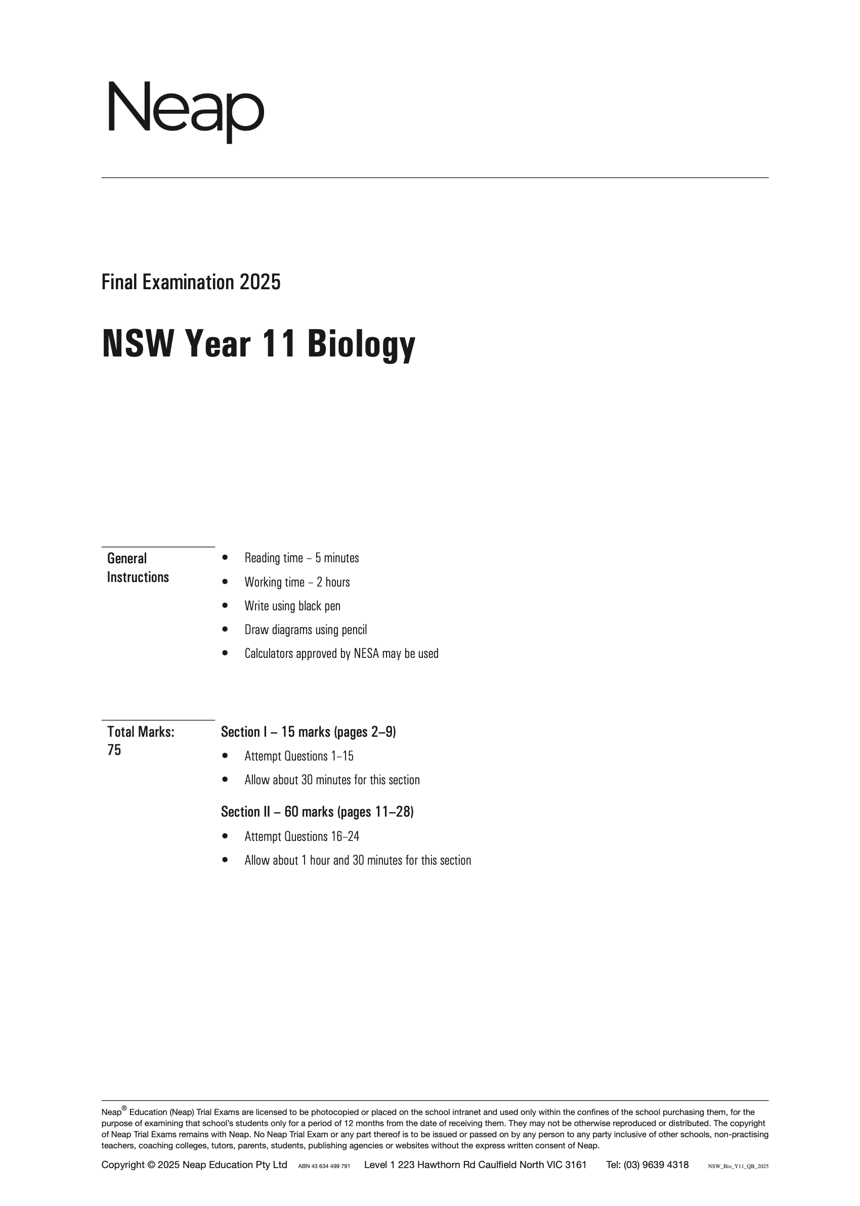Biology practice exam paper by Neap, showing a white cover page with 'Final Examination 2025 NSW Year 11 Biology' and general instructions.