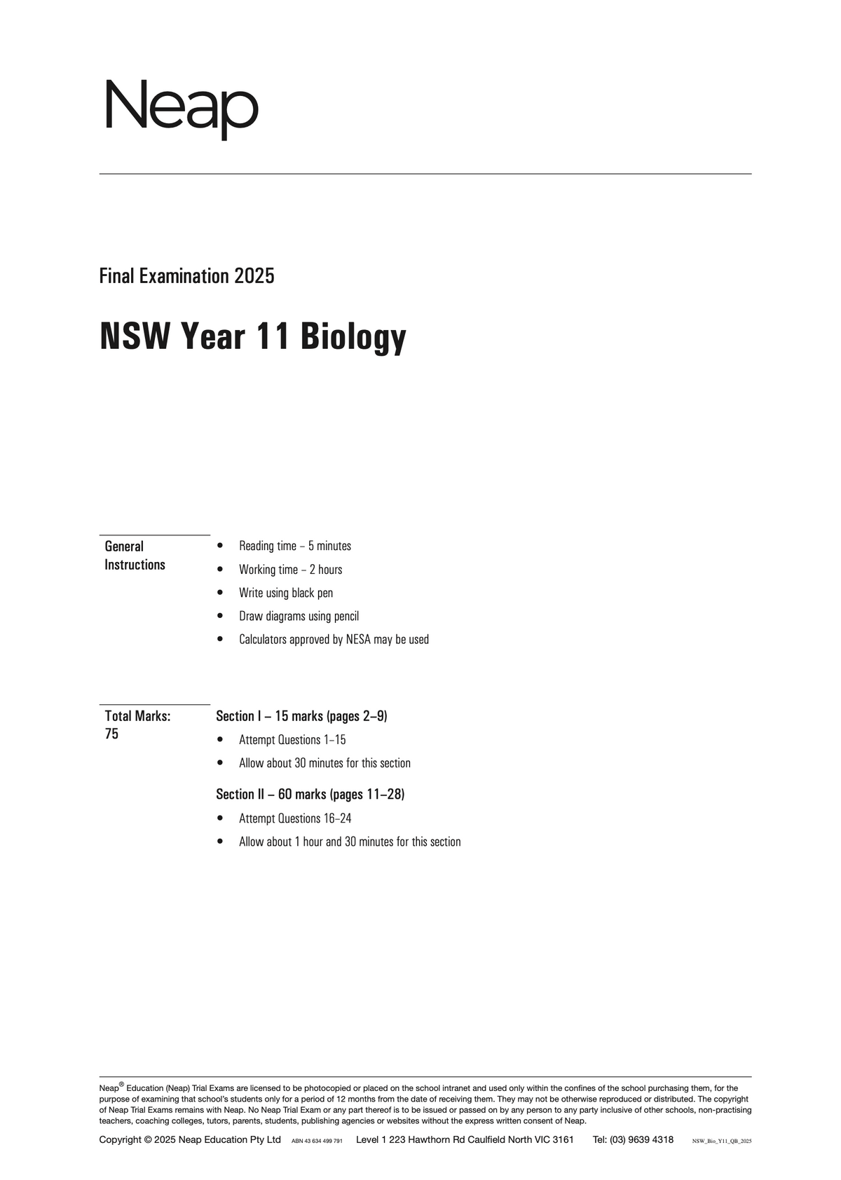 HSC Biology Year 11 Trial Exam document by Neap, displaying 'Final Examination 2025' and exam instructions.