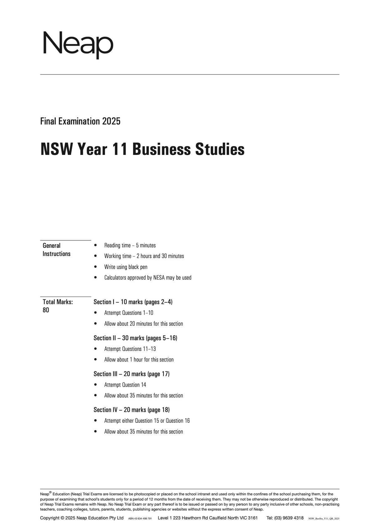 HSC Business Studies Year 11 Trial Exam paper by Neap, white with black text showing 'Final Examination 2025' and instructions.