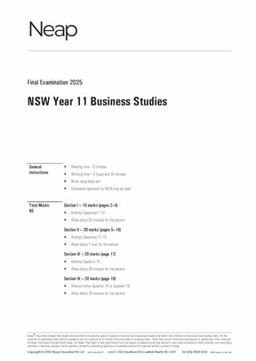HSC Business Studies Year 11 Trial Exam paper by Neap, displaying 2025 final exam details, instructions, and section marks on a white page.