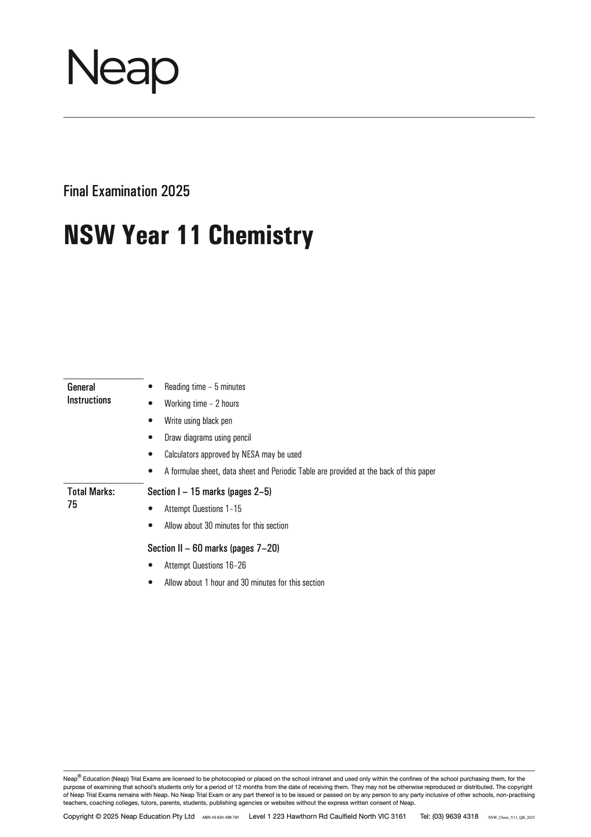 HSC Chemistry Year 11 Trial Exam paper dated 2025 by Neap, detailing general instructions and exam sections.