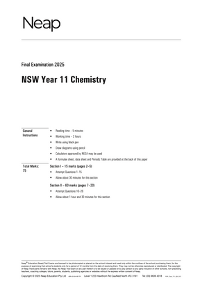 White cover of a Year 11 Chemistry practice exam paper by Neap, showing 'Final Examination 2025'.