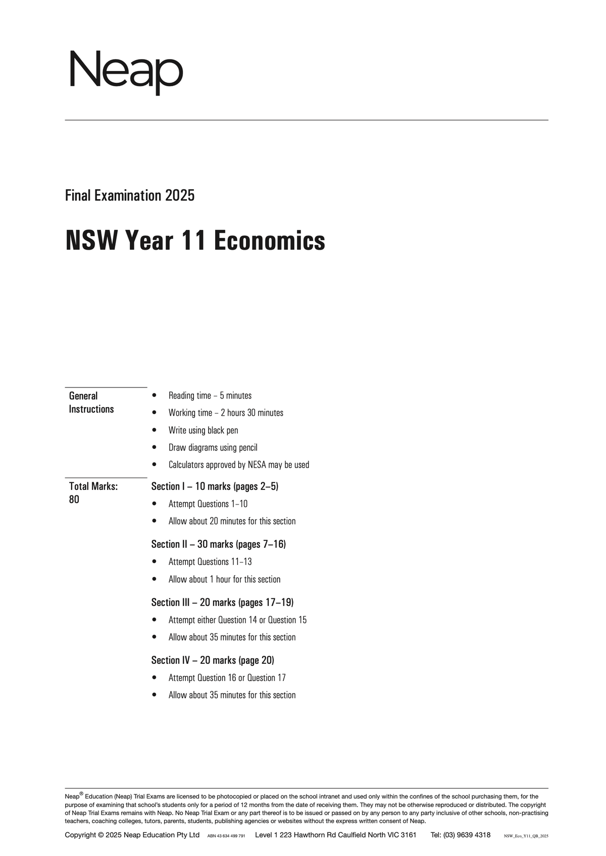 White HSC Economics Year 11 Trial Exam paper by Neap, with 'Final Examination 2025 NSW Year 11 Economics' visible.