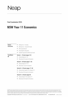 White cover page for HSC Economics Year 11 Trial Exams, showing "Final Examination 2025" and instructions.