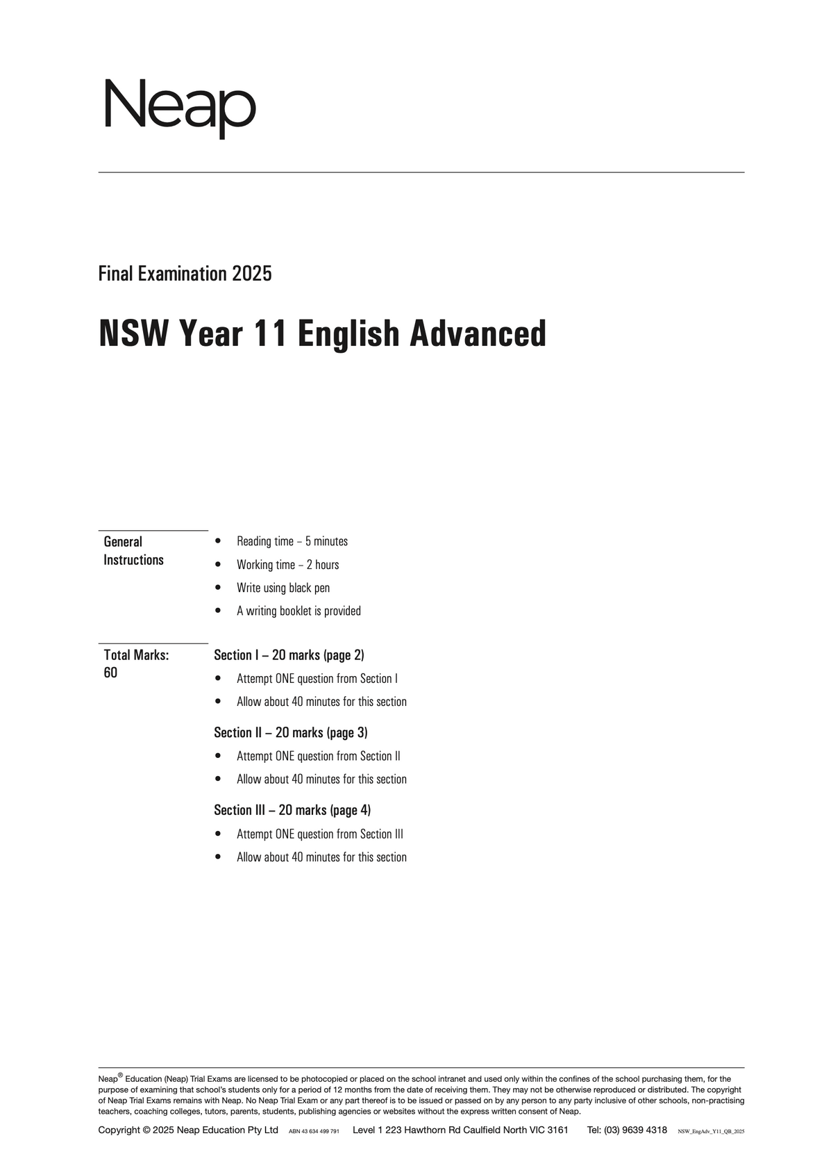 HSC English Advanced Year 11 trial exam paper titled 'Final Examination 2025' with general instructions on a white page.