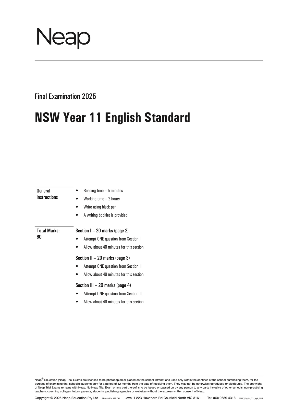 Printed HSC English Standard Year 11 Trial Exam by Neap, showing exam title, general instructions, and section breakdown.