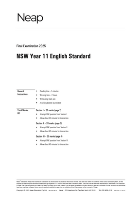 Printed HSC English Standard Year 11 Trial Exam by Neap, showing exam title, general instructions, and section breakdown.