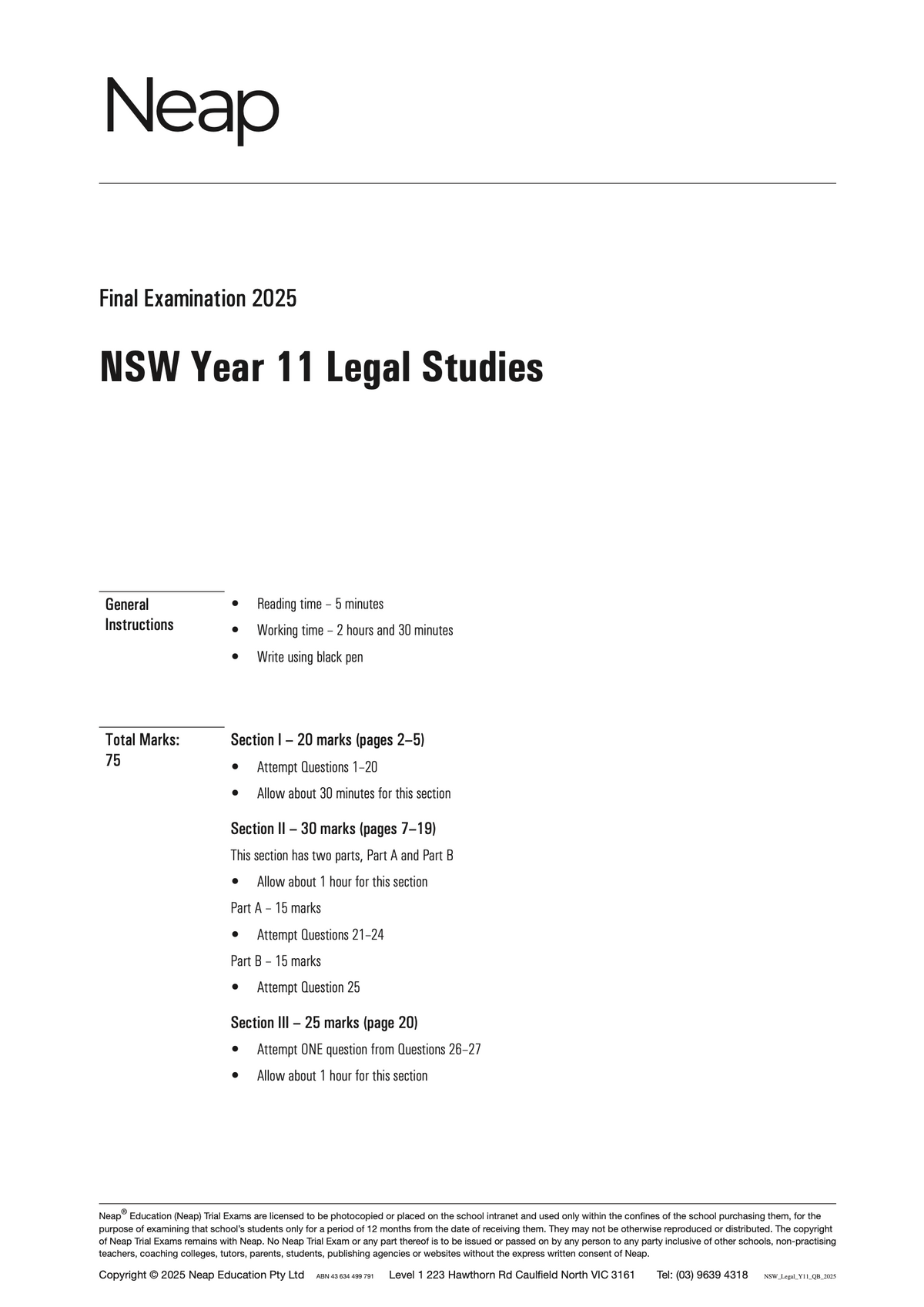 White HSC Legal Studies Year 11 Trial Exams paper by Neap, dated 2025, showing detailed instructions and sections.