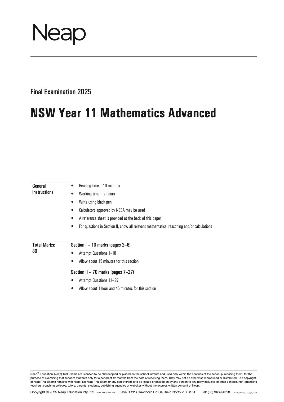 Mathematics Advanced Year 11 Trial Exam paper by Neap, white with black text, for the 2025 Final Examination.