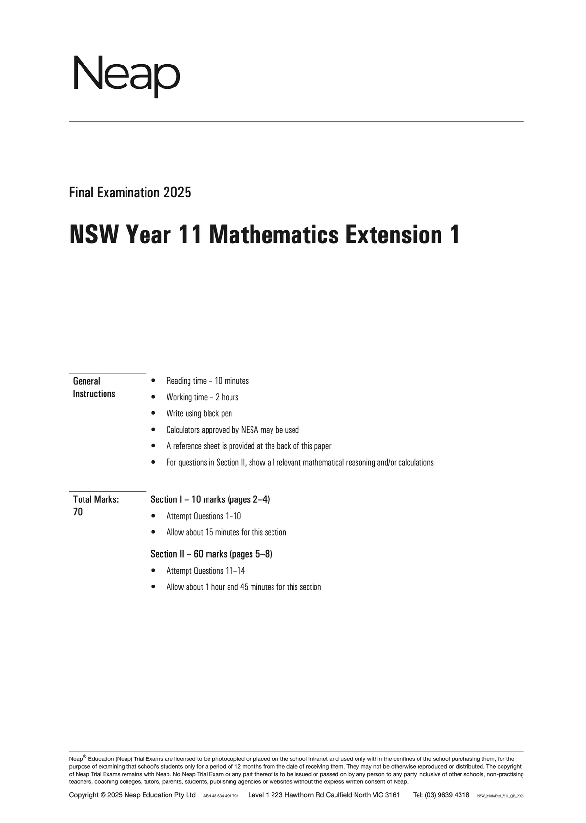 White HSC Mathematics Extension 1 Year 11 Trial Exam paper by Neap Education with examination details and instructions.