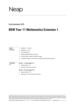 White HSC Mathematics Extension 1 Year 11 Trial Exam paper by Neap Education with examination details and instructions.