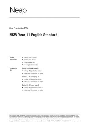 White HSC English Standard Year 11 Trial Exam paper from Neap, featuring 'Final Examination 2024' and general instructions in black text.