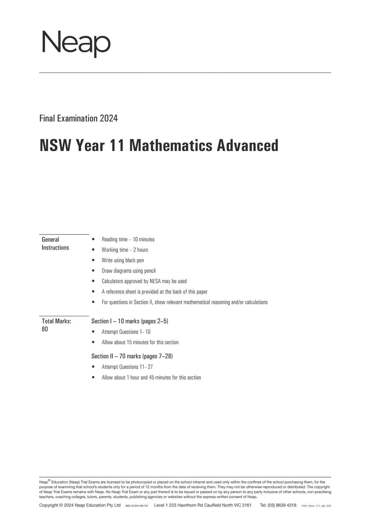 HSC Mathematics Advanced Year 11 Trial Exams
