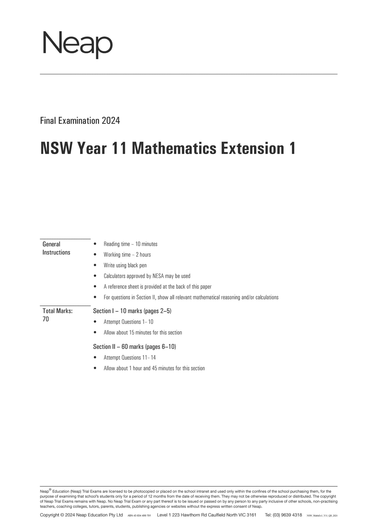 HSC Mathematics Extension 1 Year 11 Trial Exams