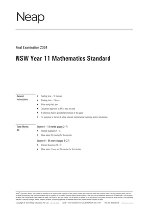 HSC Mathematics Standard Year 11 Trial Exam paper from Neap, showing the 2024 Final Examination cover with instructions.