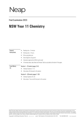 White Year 11 Chemistry exam paper by Neap, showing the title, general instructions, and mark distribution.
