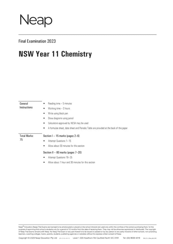 White Year 11 Chemistry exam paper by Neap, showing the title, general instructions, and mark distribution.