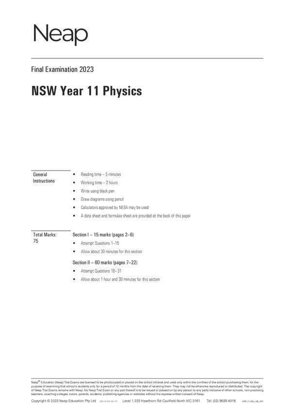 White Year 11 Physics practice exam paper by Neap, with black text displaying examination instructions and sections.