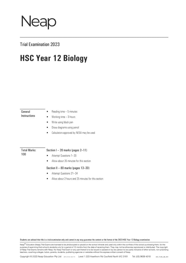 2023 HSC Year 12 Biology trial exam paper by Neap, detailing general instructions, total marks, and section breakdown.