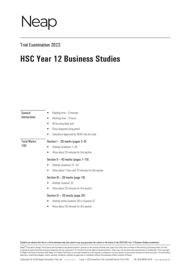 Practice exam pack by Neap, showing a trial examination cover for HSC Year 12 Business Studies 2023.