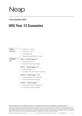 HSC Year 12 Economics practice exam paper by Neap, showing 2023 trial examination instructions on a white page.