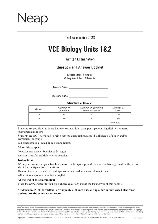 Trial examination booklet by Neap, showing the cover page for VCE Biology Units 1&2 Trial Examination 2023 with exam instructions.