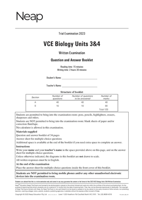 White trial exam booklet cover by Neap, titled "VCE Biology Units 3&4 Trial Examination 2023" with examination details.