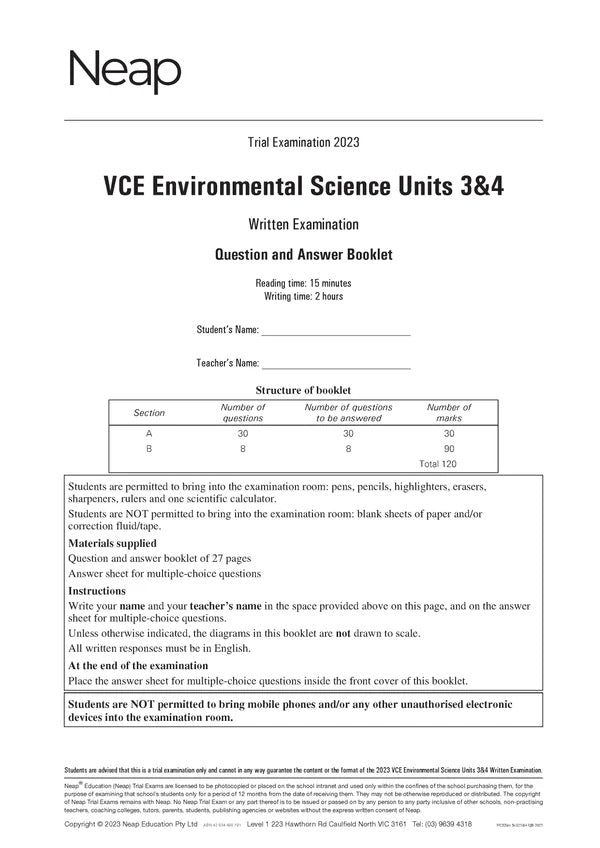 White VCE Environmental Science Units 3&4 Trial Examination booklet by Neap, featuring exam details and instructions on its front cover.