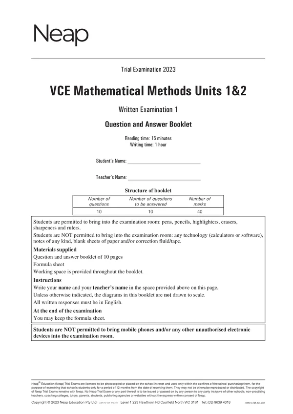 Neap Practice Exam Pack: VCE Mathematical Methods Units 1&2 2026 Edition (3 Exams)
