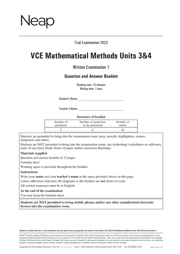 Neap Practice Exam Pack: VCE Mathematical Methods Units 3&4 2026 Edition (3 Exams)