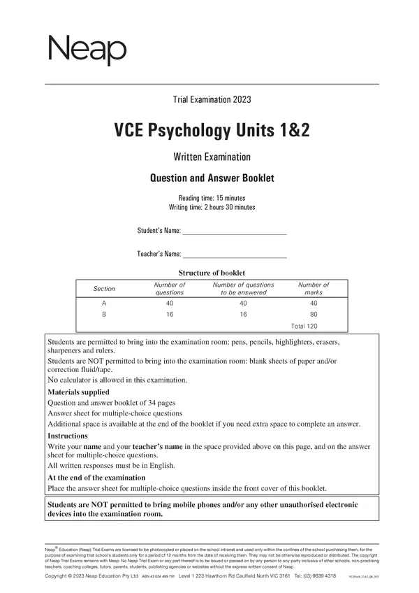 VCE Psychology practice exam booklet by Neap, featuring the cover page with title, examination details, and instructions.