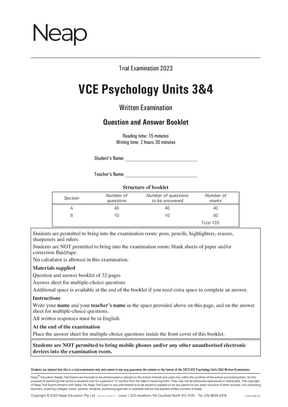 VCE Psychology Units 3&4 trial exam booklet by Neap, showing the 2023 cover with exam details and structure.