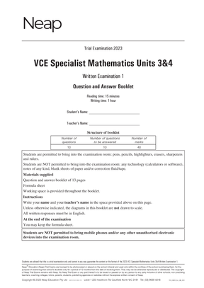 Neap Practice Exam Pack: VCE Specialist Mathematics Units 3&4 (2 Exams)