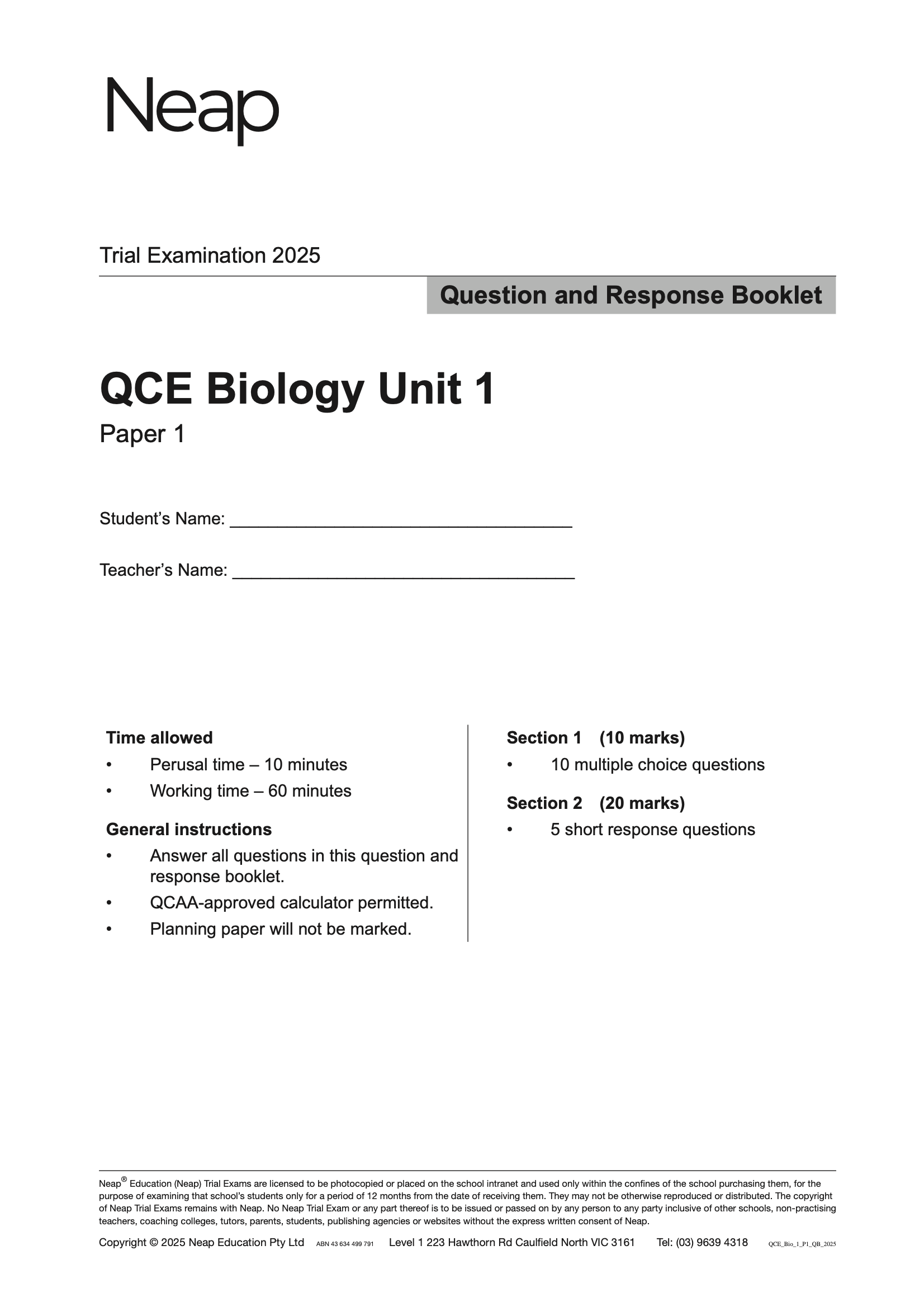 QCE Biology Unit 1 Paper 1 Trial Examination 2025 booklet by Neap, displaying student details, time, and question sections.