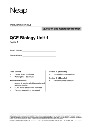 QCE Biology Unit 1 Paper 1 Trial Examination 2025 booklet by Neap, displaying student details, time, and question sections.