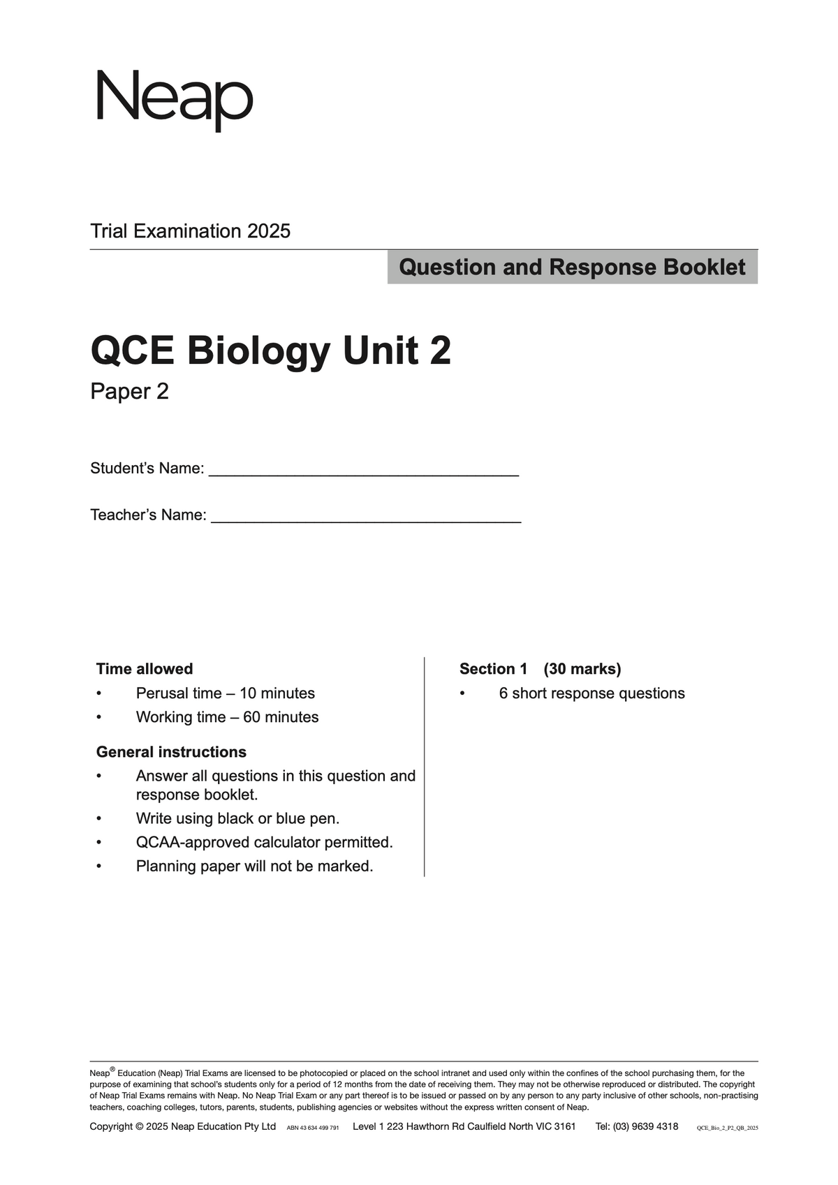 White QCE Biology Units 1&2 Trial Exam Paper by Neap, a 2025 examination booklet titled 'Unit 2 Paper 2' showing instructions.