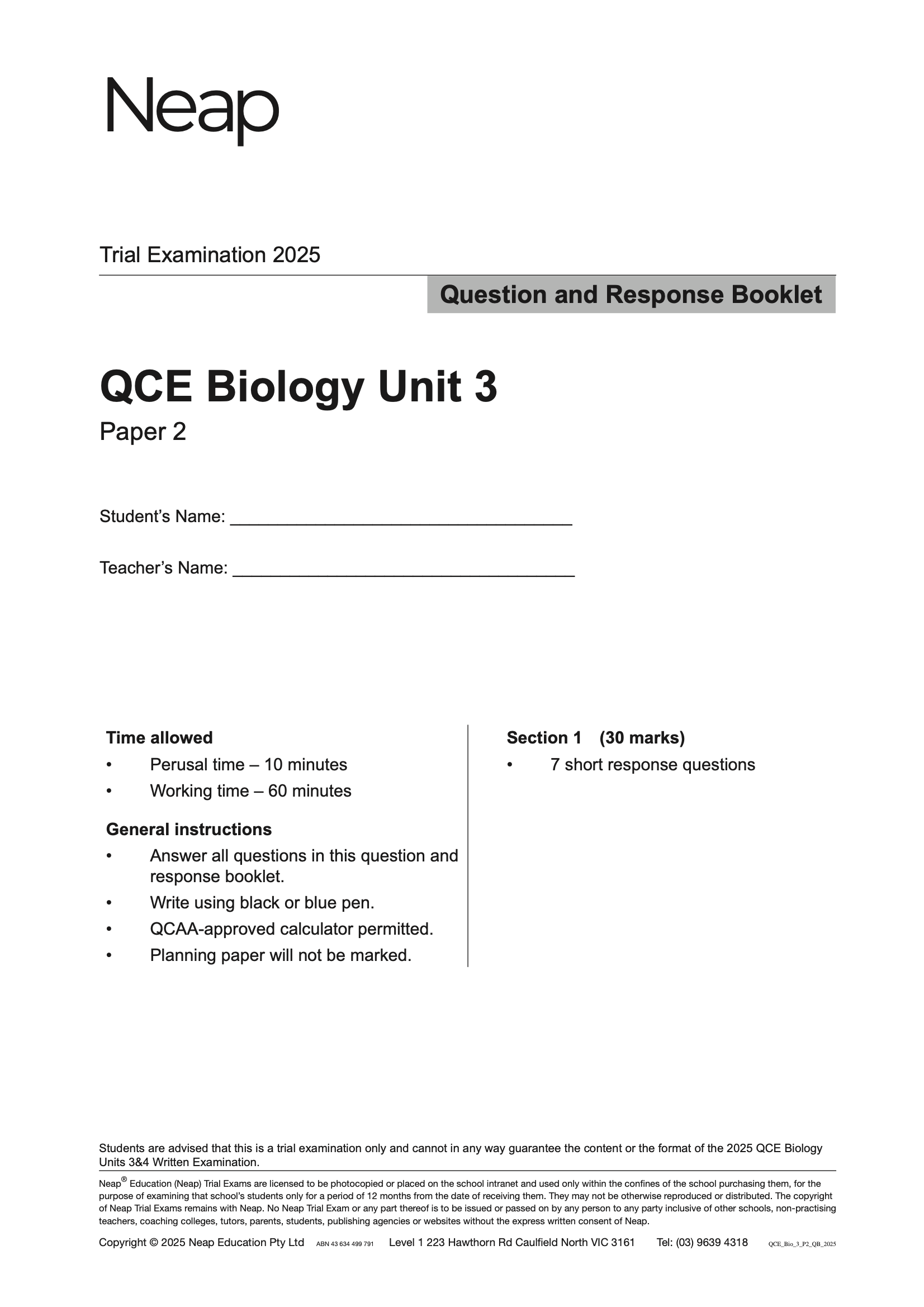 QCE Biology Unit 3 Trial Examination Question and Response Booklet by Neap, white paper with black text, displaying 2025 exam details.