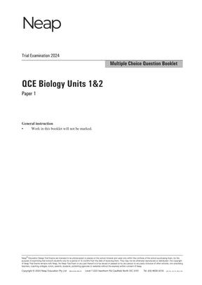 White QCE Biology Units 1&2 Trial Exam booklet by Neap, featuring "Trial Examination 2024" and "Multiple Choice Question Booklet" in black text.
