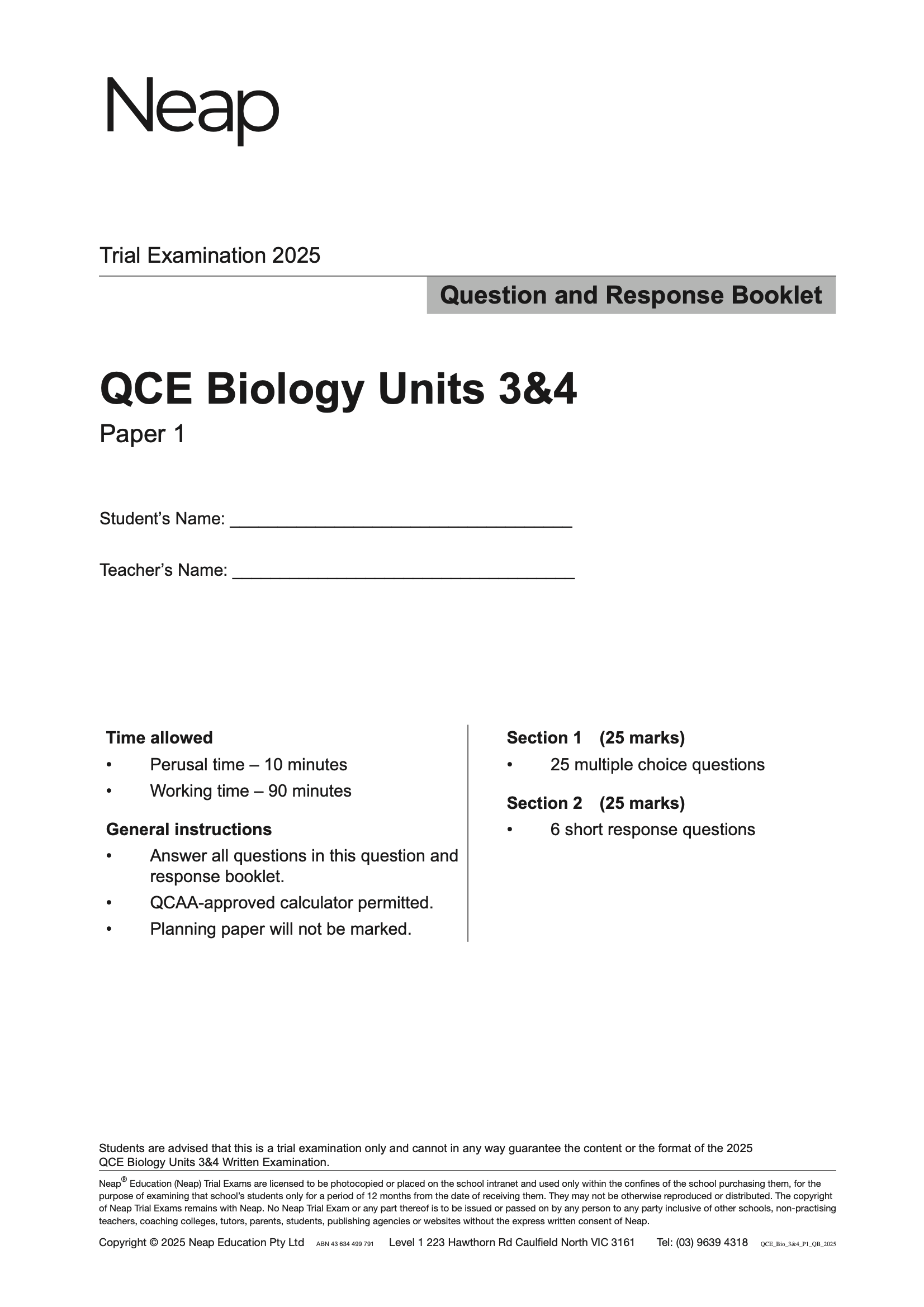 QCE Biology Units 3&4 Trial Examination 2025 Booklet by Neap, titled Question and Response Booklet.