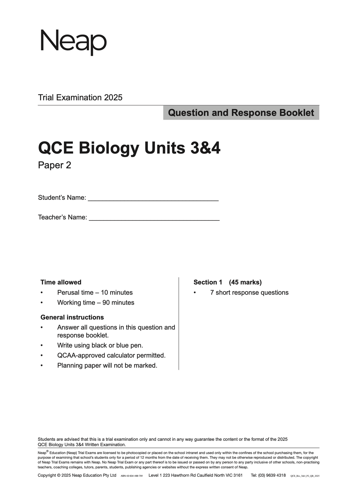 QCE Biology Units 3&4 Trial Exam Question and Response Booklet by Neap, featuring black text on white paper for the 2025 examination.