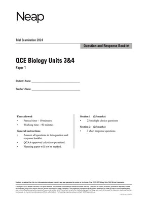 QCE Biology Units 3&4 Trial Exam paper booklet, white with black text, displaying the front cover with instructions.