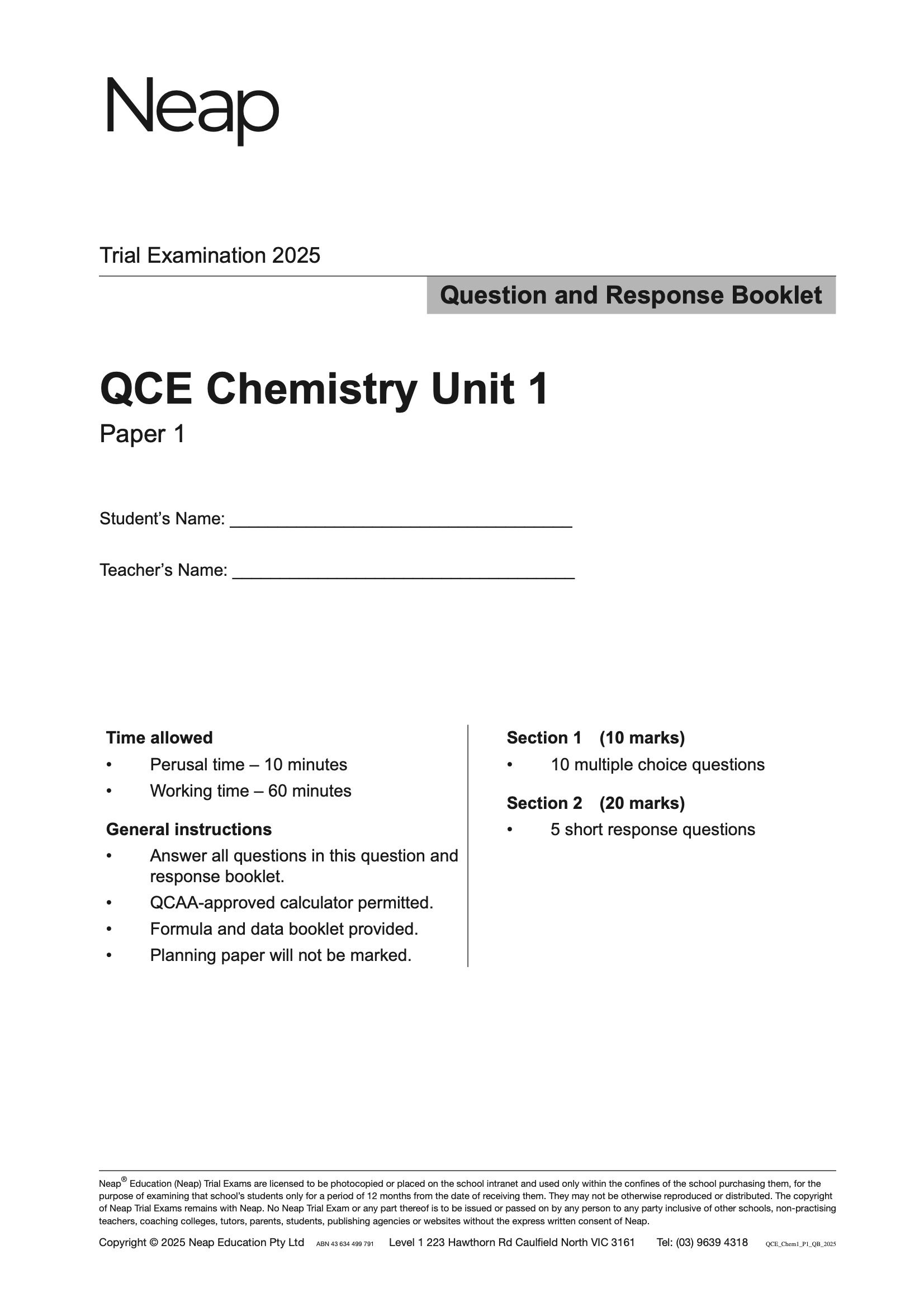 QCE Chemistry Unit 1 Trial Exam Booklet for 2025 by Neap, showing its 'Question and Response Booklet' front page.