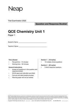 QCE Chemistry Unit 1 Trial Exam Booklet for 2025 by Neap, showing its 'Question and Response Booklet' front page.