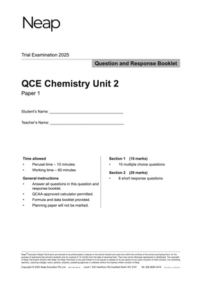 White QCE Chemistry Unit 2 Paper 1 trial examination booklet by Neap, dated 2025, with student and teacher name fields.