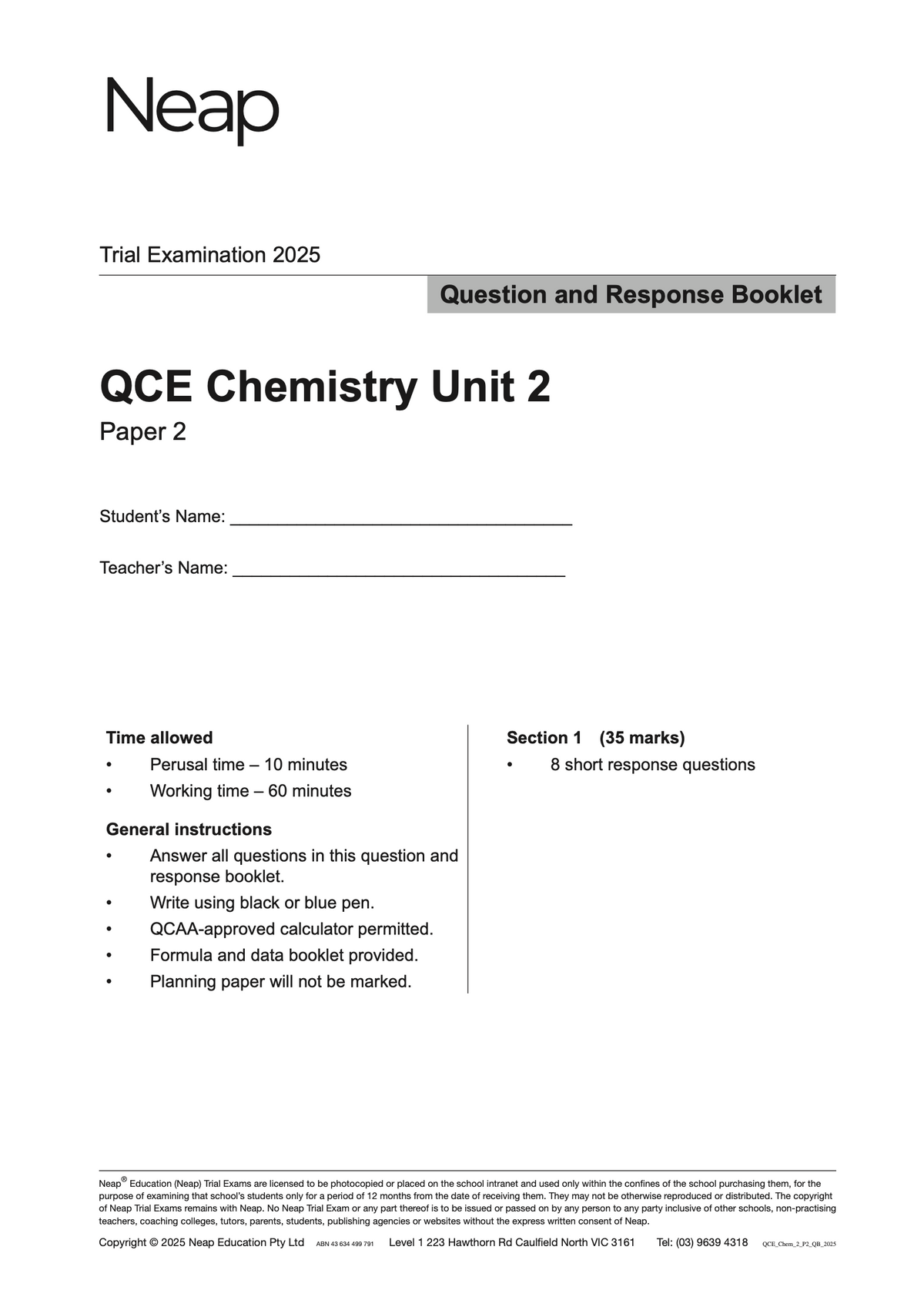 QCE Chemistry Unit 2 Trial Examination 2025 paper from Neap, with black text on white, showing student instructions and sections.