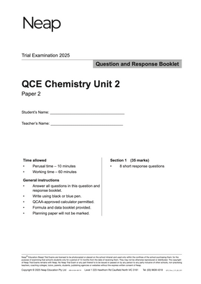 QCE Chemistry Unit 2 Trial Examination 2025 paper from Neap, with black text on white, showing student instructions and sections.